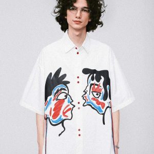 abstract face print shirt   chic & youthful urban trend 4485