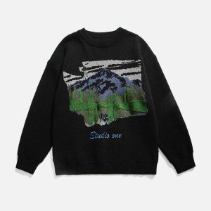 artistic oil painting mountain sweater   chic & unique 2358