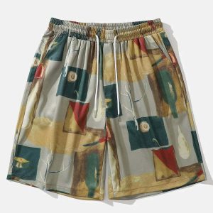 artistic oil painting shorts   drawstring & youthful vibes 7909