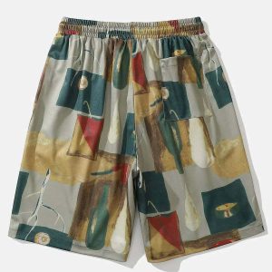 artistic oil painting shorts   drawstring & youthful vibes 8179