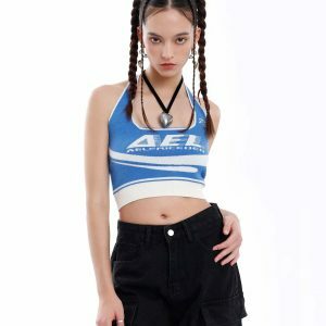 blue knit cami top   edgy & vibrant streetwear 5704