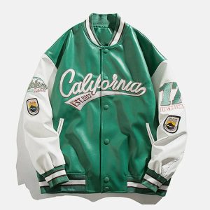 california pu stitched varsity jacket   iconic & youthful style 5112