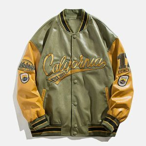 california pu stitched varsity jacket   iconic & youthful style 6637