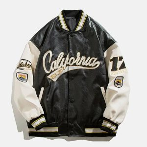 california pu stitched varsity jacket   iconic & youthful style 8567
