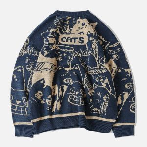 cartoon cat sweater crafted knit design youthful appeal 7775