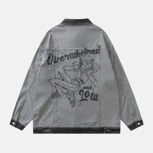 cartoon embroidered denim jacket youthful & iconic style 5409