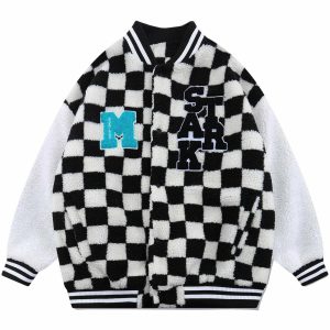 checkerboard sherpa coat with flocking letters   urban icon 2740