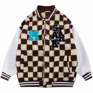 checkerboard sherpa coat with flocking letters   urban icon 3874