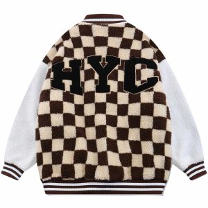 checkerboard sherpa coat with flocking letters   urban icon 5797