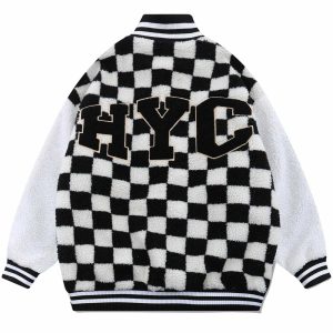 checkerboard sherpa coat with flocking letters   urban icon 7775