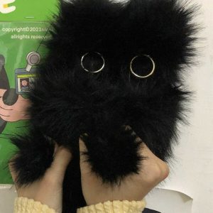 chic black plush cat phone wallet   sleek & unique accessory 2981