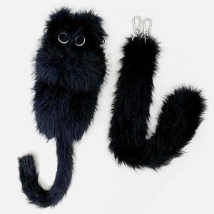 chic black plush cat phone wallet   sleek & unique accessory 6698