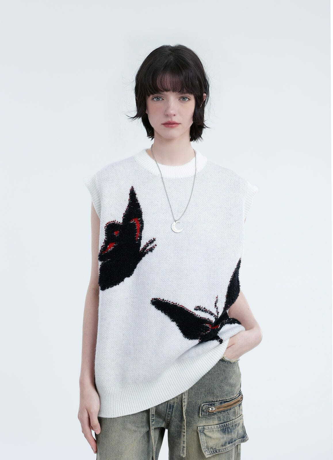chic butterfly jacquard vest youthful & trendy knit 3341
