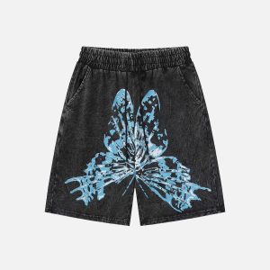 chic butterfly print jorts   washed denim urban style 7997