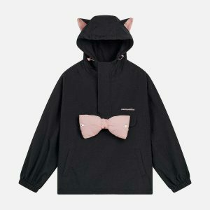 chic cat ear hoodie with bow tie   youthful urban appeal 5112