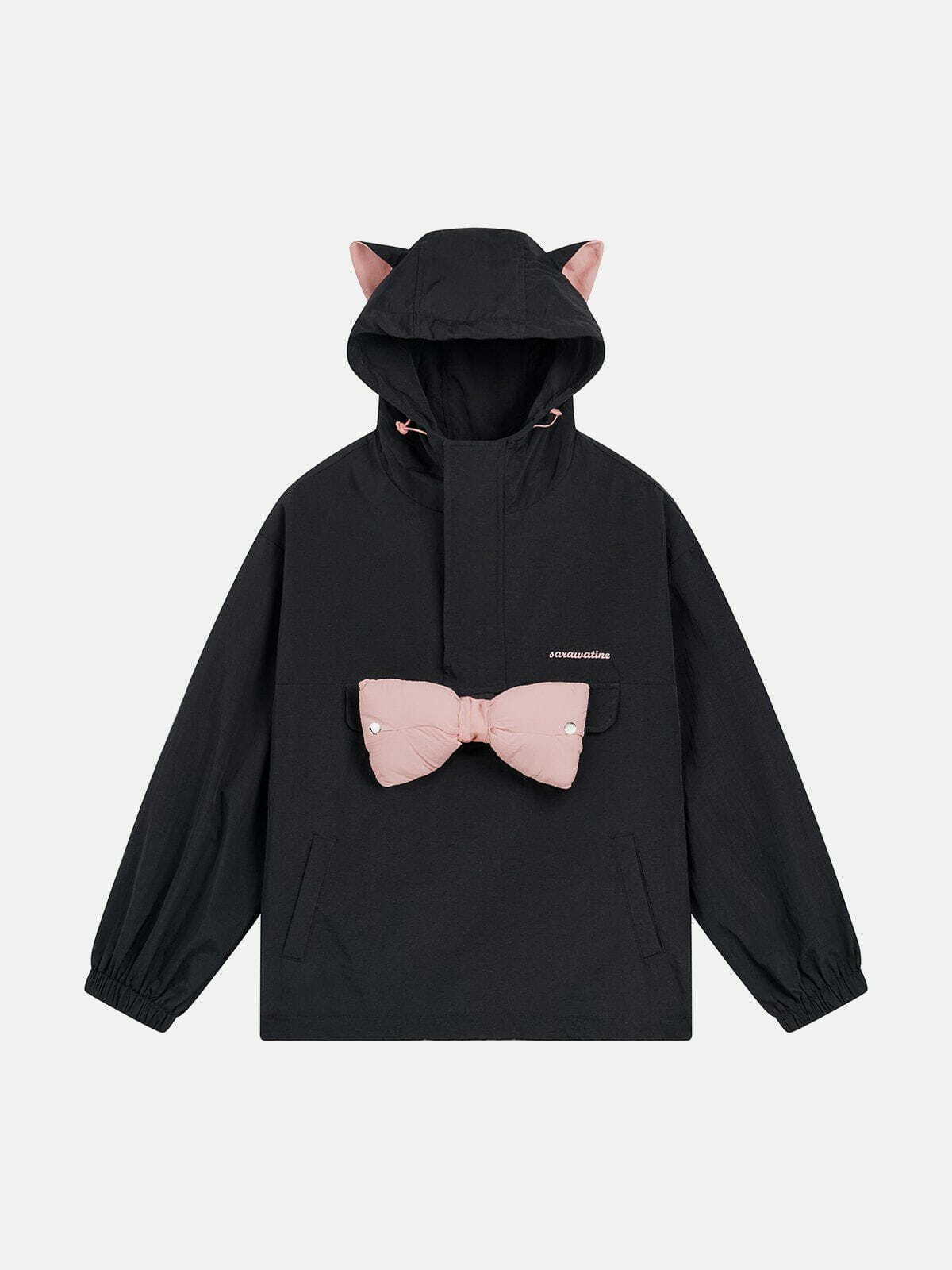 chic cat ear hoodie with bow tie   youthful urban appeal 5112