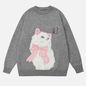 chic cat embroidery sweater youthful & trendy appeal 1302