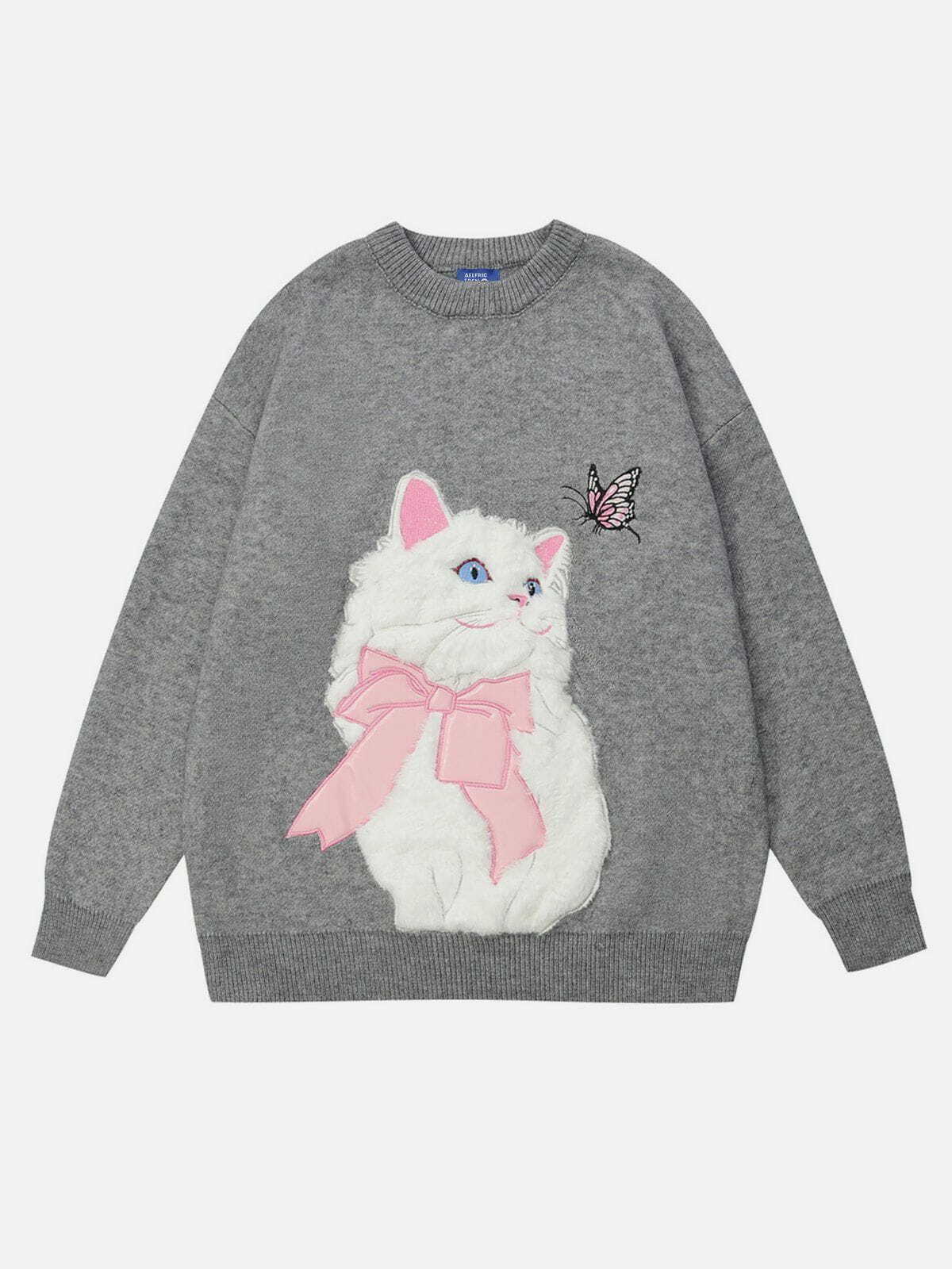 chic cat embroidery sweater youthful & trendy appeal 1302
