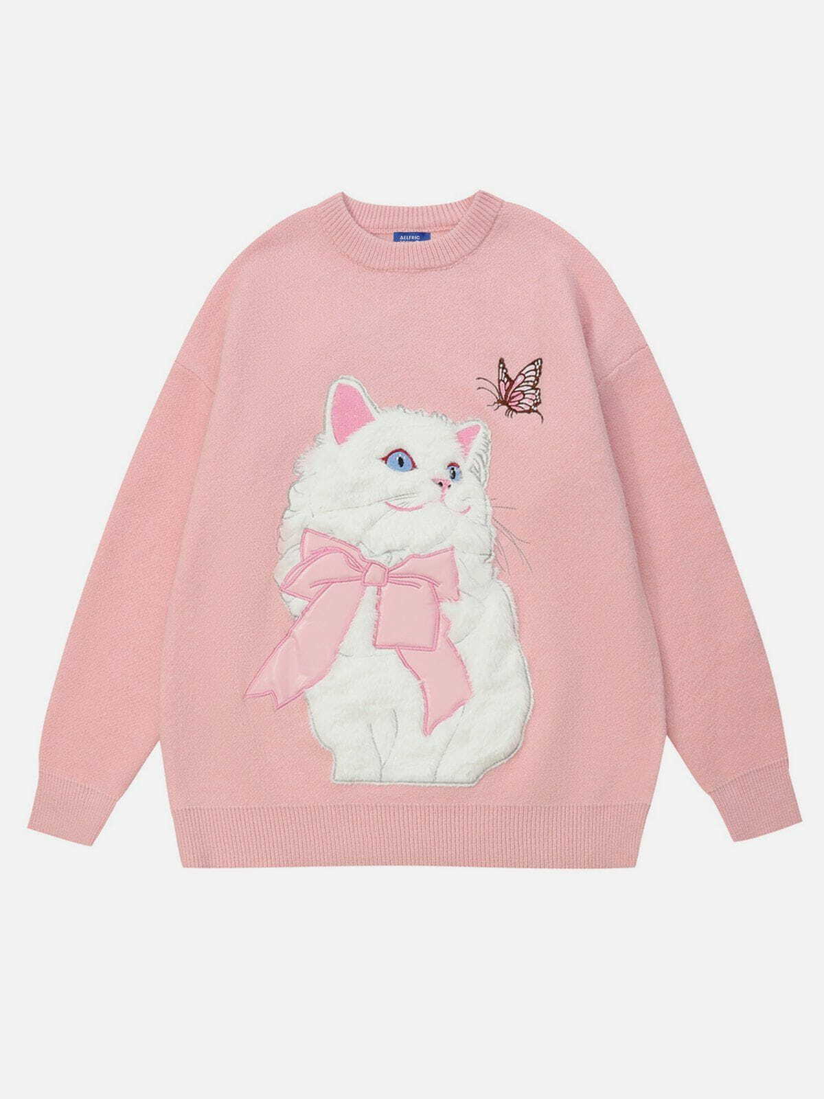chic cat embroidery sweater youthful & trendy appeal 2623