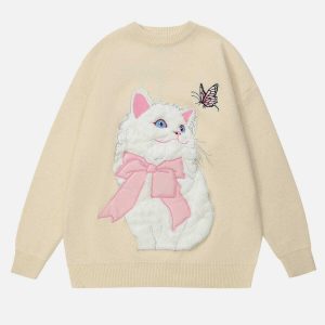 chic cat embroidery sweater youthful & trendy appeal 7042