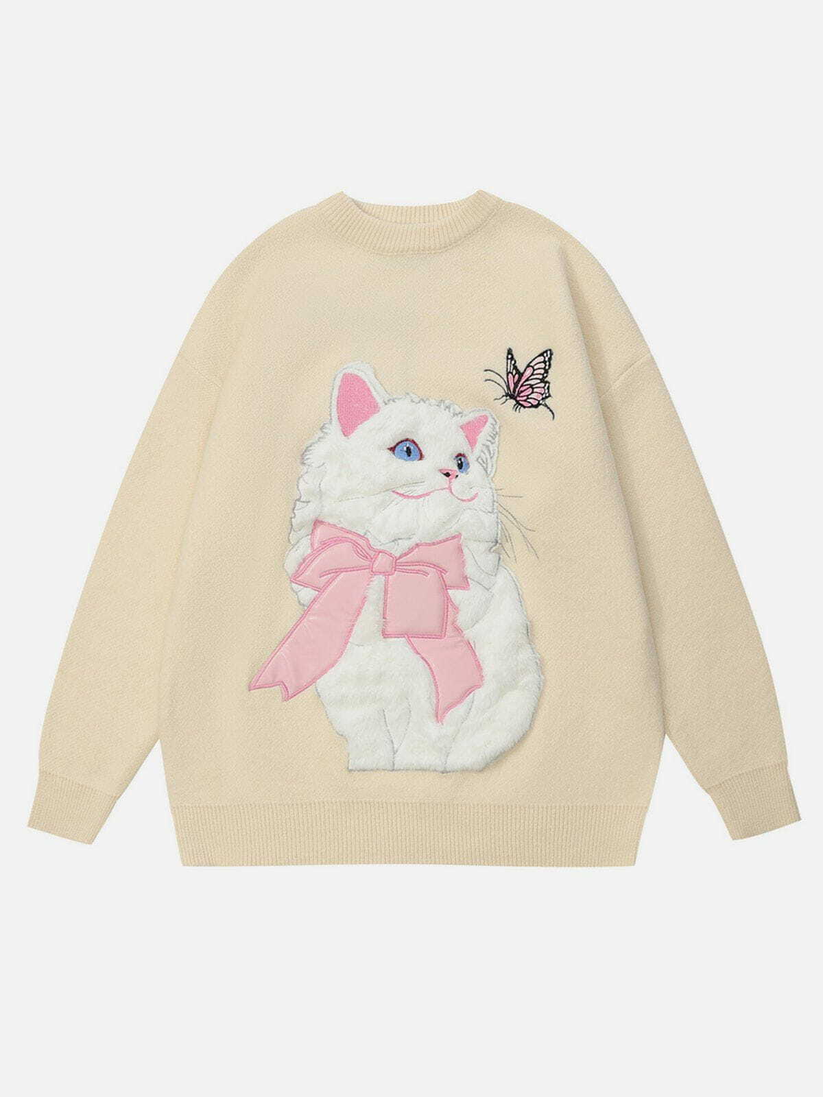 chic cat embroidery sweater youthful & trendy appeal 7042