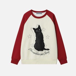 chic cat embroidery sweatshirt   youthful urban appeal 4832