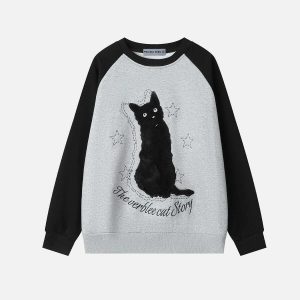 chic cat embroidery sweatshirt   youthful urban appeal 8344