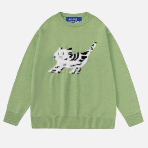 chic cat flocking sweater   youthful & trendy design 3212
