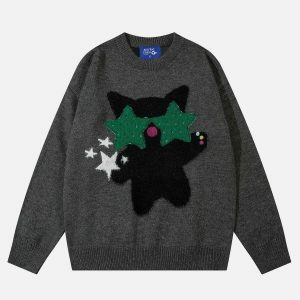 chic cat jacquard sweater   youthful & trendy design 2983