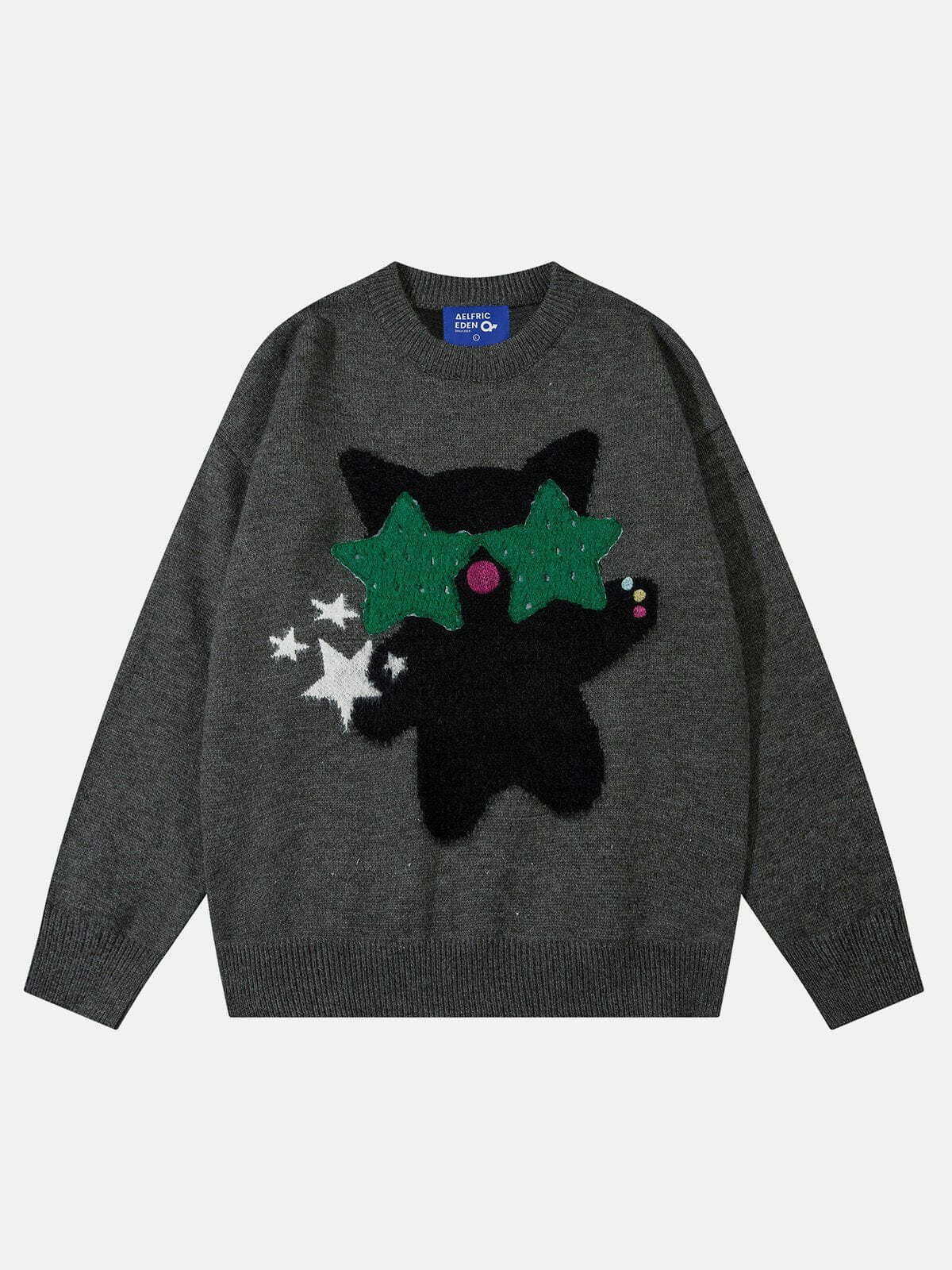 chic cat jacquard sweater   youthful & trendy design 2983