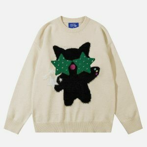 chic cat jacquard sweater   youthful & trendy design 8834