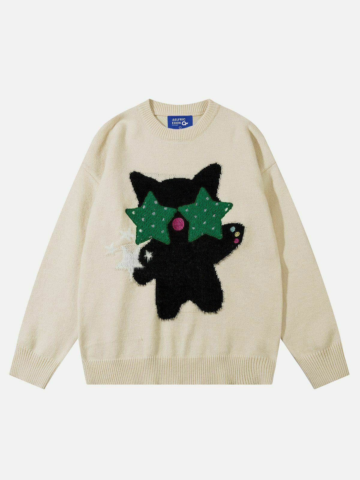 chic cat jacquard sweater   youthful & trendy design 8834