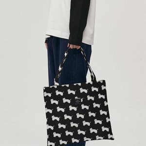 chic cat print canvas bag   youthful shoulder style 5643