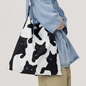 chic cat print canvas bag   youthful shoulder style 6253