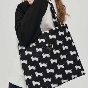 chic cat print canvas bag   youthful shoulder style 6572