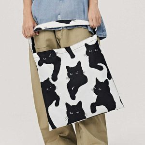 chic cat print canvas bag   youthful shoulder style 6789