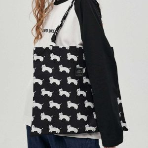 chic cat print canvas bag   youthful shoulder style 6870