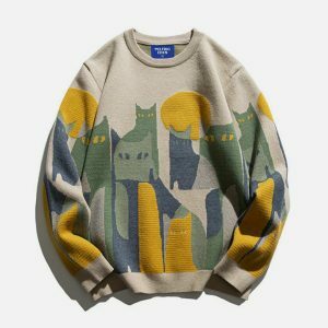 chic color block cat sweater   youthful urban appeal 6501