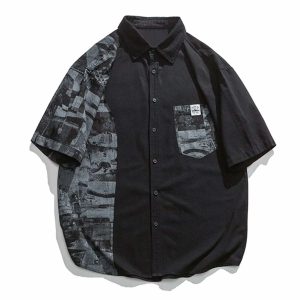 chic cotton paneled shirt black short sleeve urban style 2968