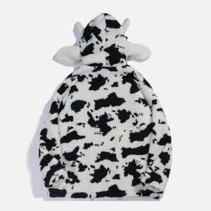 chic cow pattern sherpa coat   zip up urban comfort 3496
