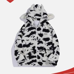 chic cow pattern sherpa coat   zip up urban comfort 6246