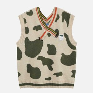 chic cow pattern vest   youthful & trendy streetwear 1281