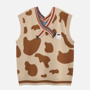 chic cow pattern vest   youthful & trendy streetwear 4468
