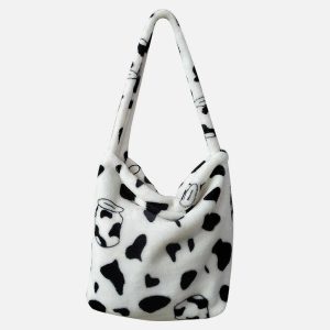 chic cow print sherpa bag   cute & trendy y2k accessory 6575