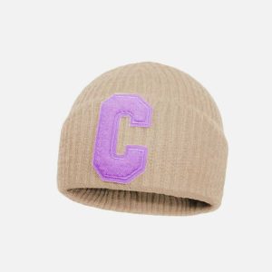 chic curled 'c' beanie   warm & iconic knit design 5419