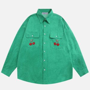 chic embroidered cherry shirt   youthful long sleeve design 1319