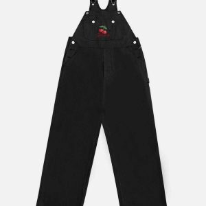 chic embroidery cherry overalls youthful streetwear appeal 4084
