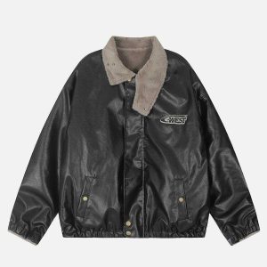 chic faux leather & fleece jacket   reversible urban style 4679