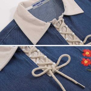 chic floral embroidered polo tee   denim y2k style 2856