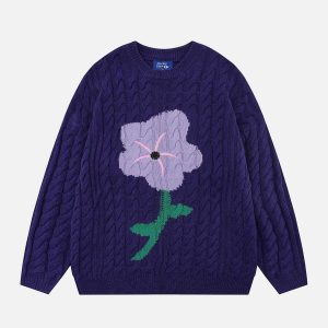 chic flower jacquard sweater   youthful urban appeal 2042